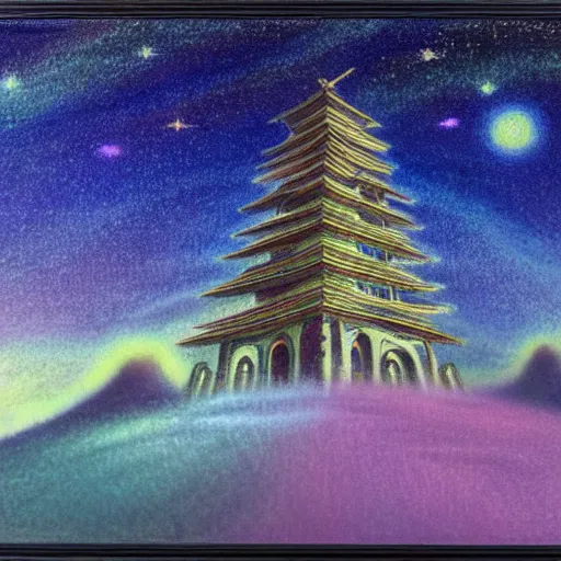 Image similar to a landscape pastel in the style of noriyoshi ohrai of an ancient holy tower, it has iridescent mana radiating from it. it is centered. the background is the starry sky at night. key art. 4 k retrofuturistic fantasy