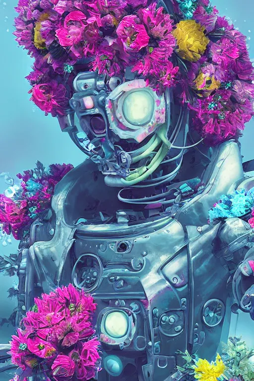 Prompt: closeup, underwater digital painting of a robot wearing a suit made of flowers, cyberpunk portrait by Filip Hodas, cgsociety, panfuturism, made of flowers, dystopian art, vaporwave