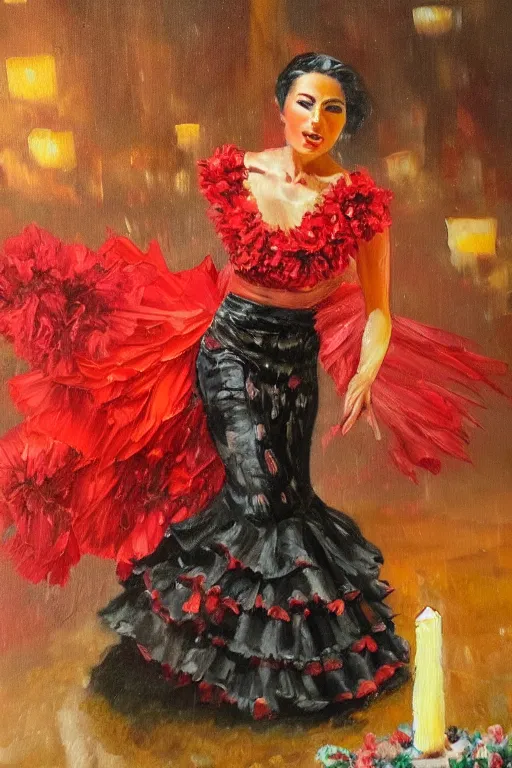 Image similar to vintage detailed oil painting of spanish flamenco dancer in mallorca wearing a red dress made of flowers, dimly lit by candles on the ground, looking away, dark shadows, photo realistic, extreme detail skin, no filter, slr, 4 k, high definition