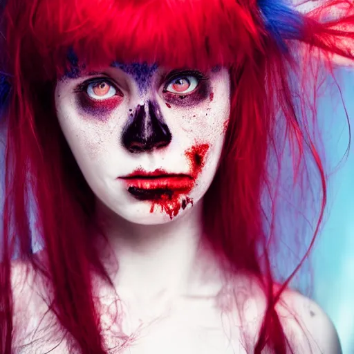 Image similar to portrait of a cute zombie girl with red hair and blue eyes