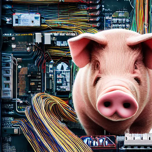 Image similar to a portrait photograph of a big aggressive male cyberpunk pig, circuit boards, motherboard, mainboard, wires, cable management, electrical wires, activity lights, cyberpunk, artstation, detail, hyperrealistic, digital photograph, natural light canon eos c 3 0 0, ƒ 1. 8, 3 5 mm, 8 k