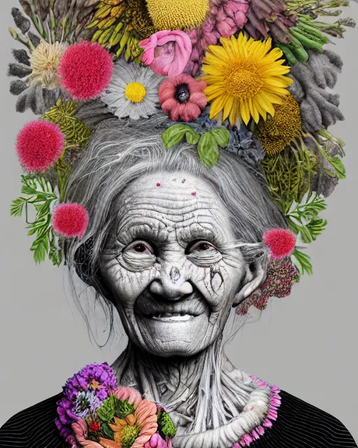 Image similar to a portrait of a fleshy old woman with a sweet smile, covered in flowers in the style of guiseppe arcimboldo and james jean, covered in wispy gray hair with a hint of neon, hd 3 d, highly detailed and intricate. centred in image.