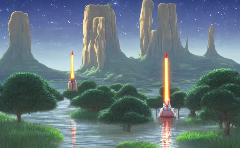 Prompt: a realistic cell - shaded studio ghibli concept art from paprika ( 2 0 0 6 ) of a flying multi - colored rocketship from close encounters of the third kind ( 1 9 7 7 ) in a flooded monument valley stonehenge jungle with giant trees on a misty starry night. a camel caravan is in the foreground. very dull colors, portal, hd, 4 k, hq