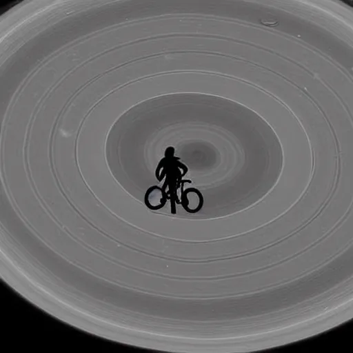 Image similar to alien riding a unicycle on the rings of saturn