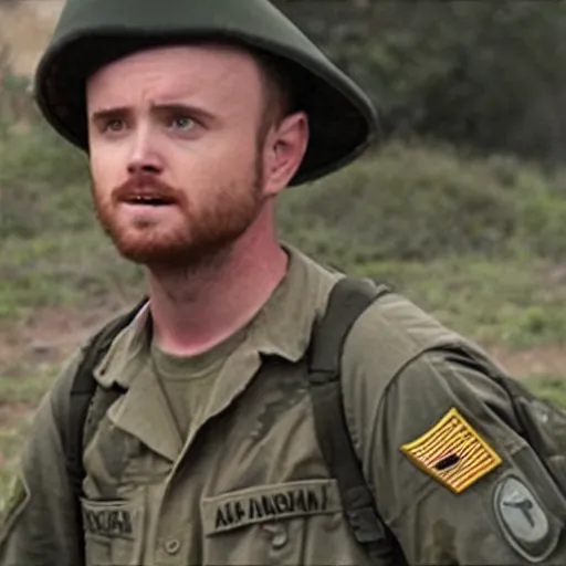 Image similar to aaron paul dressed as a us army soldier during the vietnam war, highly detailed, cinematic lighting, photorealistic