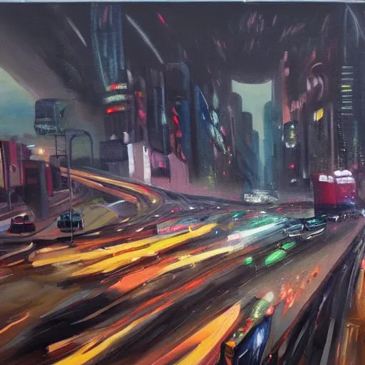 Image similar to oil painting, a traffic jam with some very angry drivers on a futuristic city