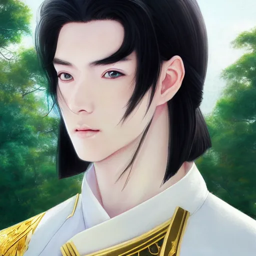 Prompt: a portrait of a young beautiful prince, golden eyes, long black hair, white hanfu, elegant, cute, intricate, backlit, incredible lighting, strong rim light, subsurface scattering, photorealistic anime, epic beautiful landscape, cherry trees, highly detailed, digital painting, by Heise Jinyao, Heise-Lian Yan Fang, Feimo, Rossdraws, Sakimichan HDRI, vivid colors, high contrast, 8k