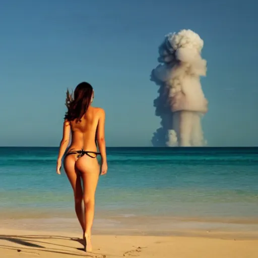 Image similar to beautiful bikini clad woman walking alone on a beach with a nuclear explosion in the background, rule of thirds