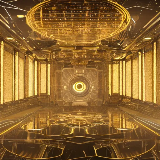 Prompt: a spaceship beaming a light underneath, lasers all over the scene, strobe lights, golden floor, lavish, luxurious, marble walls, cinematic, hyper realism, high detail, octane render, 8 k