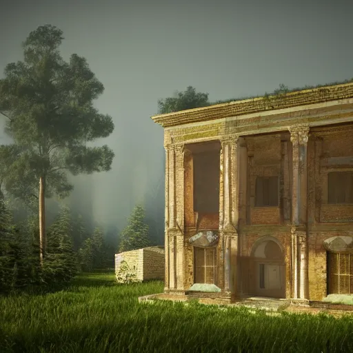 Prompt: a beautiful roman villa in middle of a misty pine forest, 3d rendered, artstation, digital art, 4k