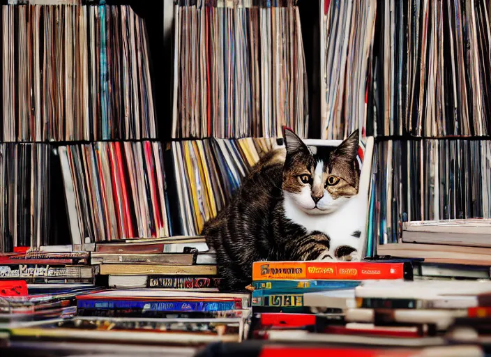 Image similar to photography of a Cat sitting on a pile of books and vinyls. a record player is in the shot. in a room full of vinyls and posters out of the 70's, photorealistic, raining award winning photo, 100mm, sharp, high res