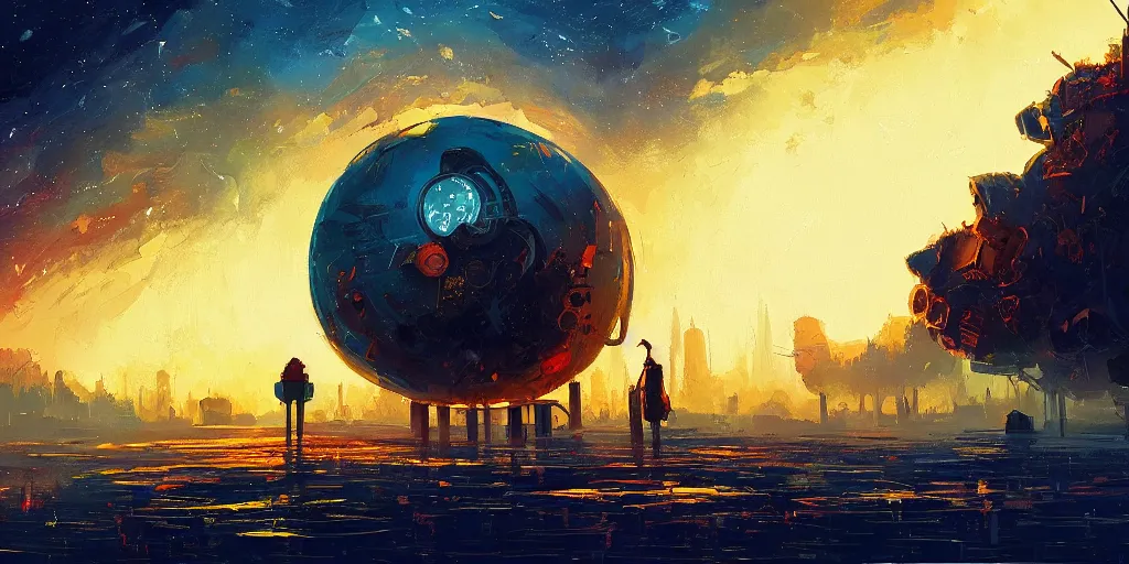 Image similar to a mysterious epic gouache painting of a steampunk planet by alena aenami in the style of romanticism art, trending on art station