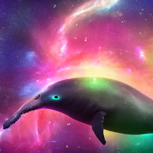 Image similar to A whale floating through the colorful cosmos containing multiple nebula, rendered in unreal engine 5