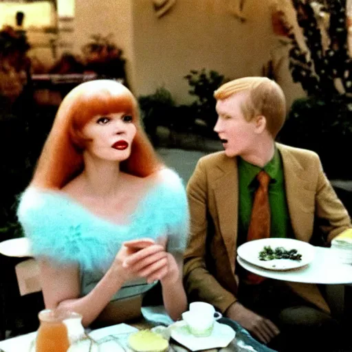 Prompt: 1981 color archival photo of a glamorous woman in a dress, and Casper the Friendly Ghost, in a sidewalk cafe, 16mm film soft color, earth tones and soft color 1981, live-action archival footage, in style of doris wishman russ meyer, woman looks like young mia farrow