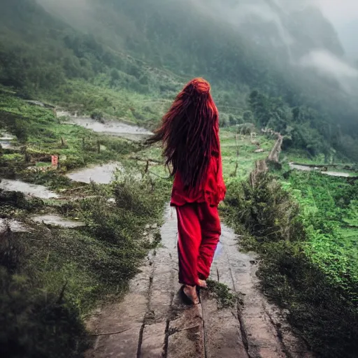 Image similar to define the character of a beautiful girl, messy long red hair, messy wet grey tribal clothes, short torn up pants, she is walking on a mountain and we see down in a deep valley a very poor old shanti town with wooden ruins, medieval time, heavy rain, late at night, mist, cinematic, 8 k,