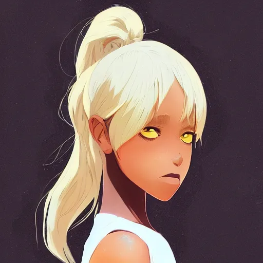 Image similar to portrait of a dark skinned angel with blonde hair, highly detailed, digital painting, artstation, matte, by makoto shinkai, animation style, studio ghibli, anime key visual