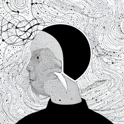 Prompt: a wandering mind, logo, simple white background victo ngai, kilian eng, minimalist, black and white