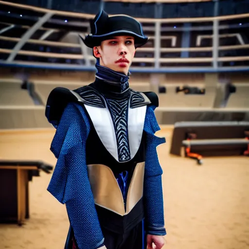 Image similar to low angle upper view of Austin Butler dressed in futuristic-baroque prussian blue duelist-garb and nanocarbon-vest and greaves, standing in an arena in Dune 2020, XF IQ4, f/1.4, ISO 200, 1/160s, 8K, RAW, unedited, symmetrical balance, face in-frame