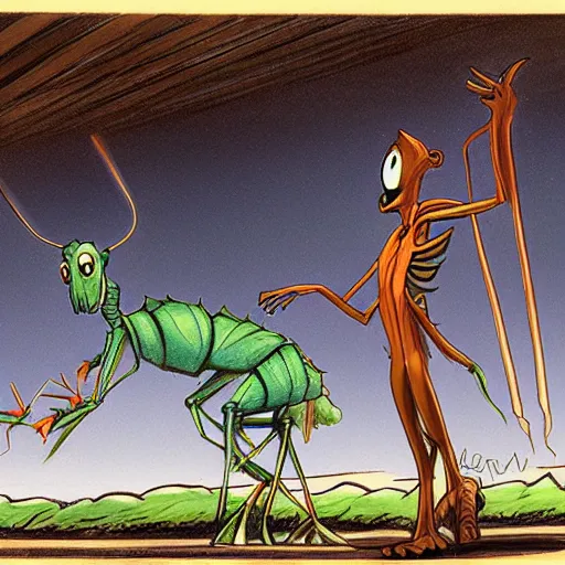 Image similar to antropromorphic stick insect, stick insect standing and talking like a human being, fantasy concept art, drawing by Don Bluth