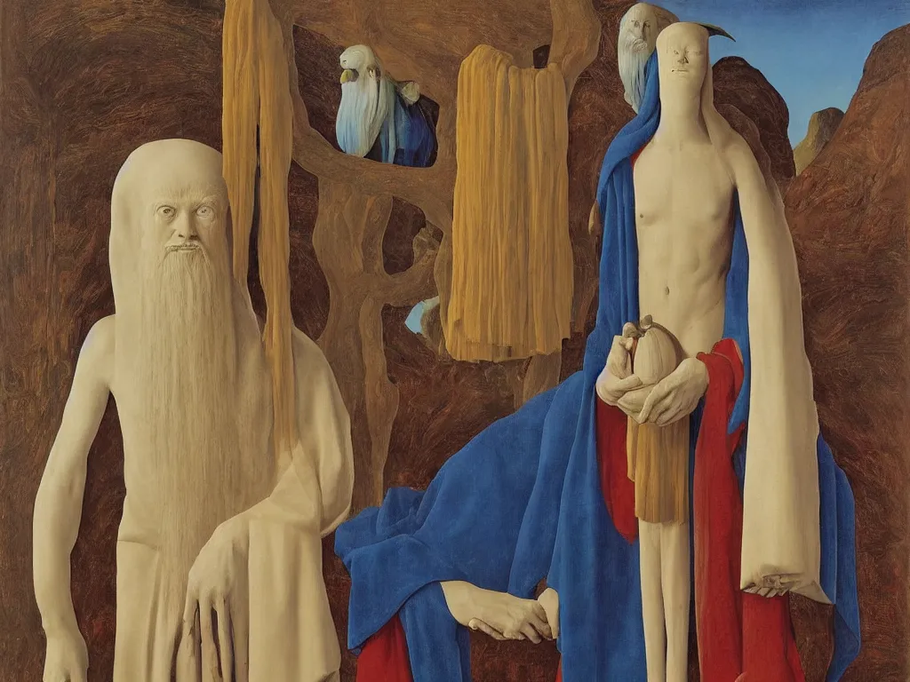 Image similar to portrait of albino mystic with blue eyes, with beautiful Cycladic marble sculpture. Painting by Jan van Eyck, Audubon, Rene Magritte, Agnes Pelton, Max Ernst, Walton Ford