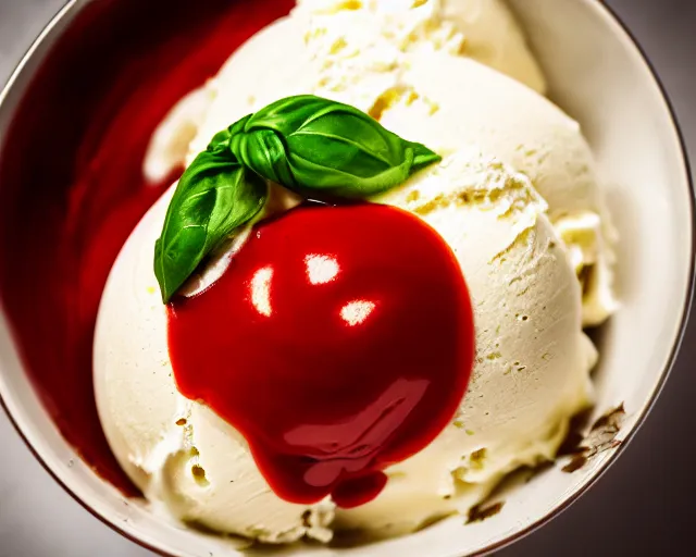 Prompt: dslr food photograph of vanilla ice cream with ketchup on, a leaf of basil on the ice cream, 8 5 mm f 1. 4