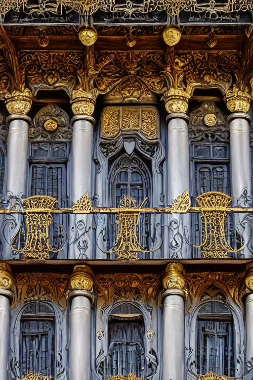 Prompt: silver tower of the moon, fairytale illustration, elaborate carved wood balconies, gilded wood, tall windows, formal gardens, dramatic cinematic lighting, beautiful moths, soft colors