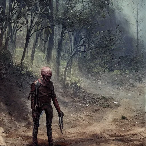 Prompt: a goblin stands in the middle of the dirt trail, his leather clothing hangs loosely, official art by greg rutkowski, featured