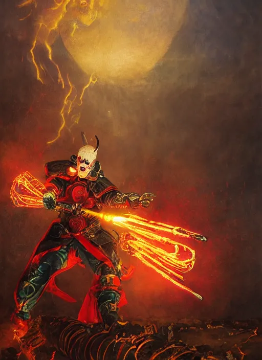 Image similar to portrait of a diabolical cyborg clown samurai fires a flamethrougher, wearing burning torn cape, dynamic pose, glowing eyes, ancient ruins, glowing veins subsurface scattering, in clouds, sunset, portrait, by gerald brom, by mikhail vrubel, by peter elson, muted colors, extreme detail, reflections, trending on artstation, 8 k