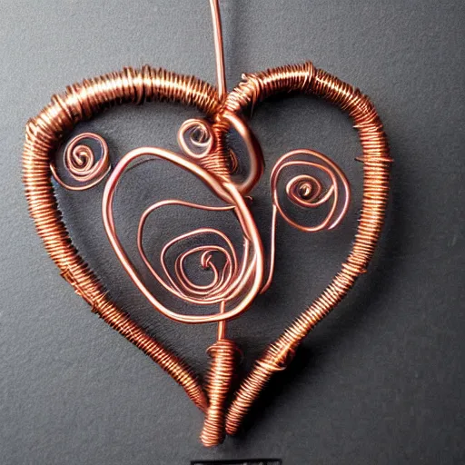 Image similar to a very beautiful tiny human heart organic sculpture made of copper wire and threaded pipes, very intricate, curved. studio lighting, high resolution, high quality, black background