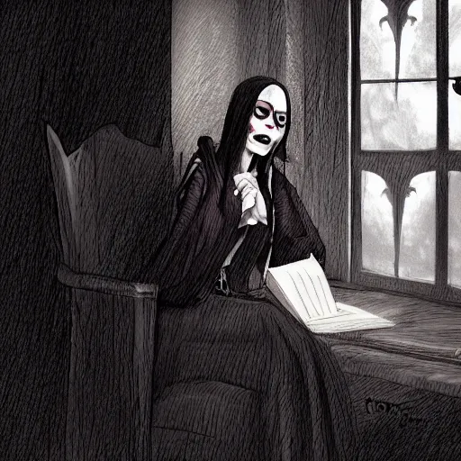 Image similar to A creepy woman with a large cynical smile sits in a dark and gloomy room, the only light is a flickering jittery candle, he writes by the candle in a journal, in a gothic, Halloween, and atmospheric art style, artstation digital art, trending on artstation, artstationHQ, artstationHD.