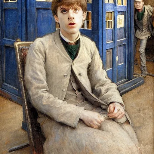 Prompt: harry potter at a tardis console, highly detailed, by jules bastien - lepage, jean - joseph benjamin - constant