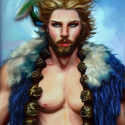 Prompt: oil painting of a beautiful platinum blond curly haired barbarian male with heterochromia one blue eye one green eye d & d fantasy concept art