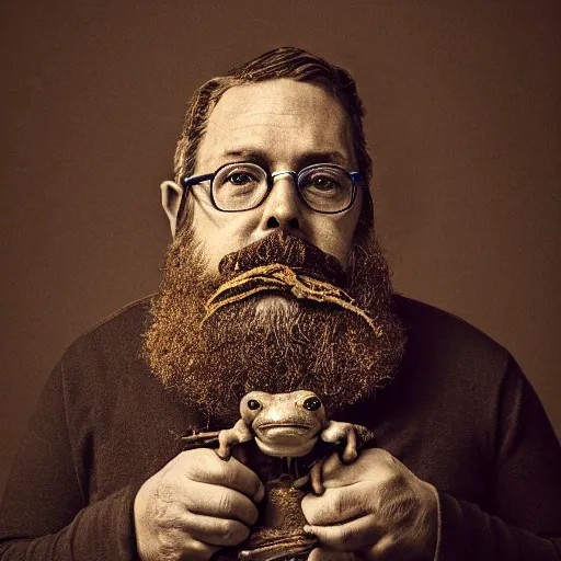 Image similar to toad philosopher with beard and staff, symmetric, by Irving Penn, bokeh top cinematic lighting , cinematic mood, very detailed, shot in canon