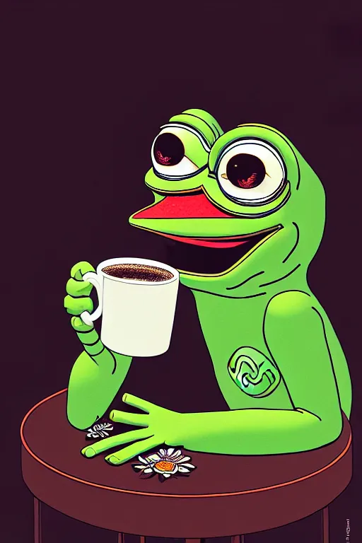 Image similar to pepe the frog drinking coffee, dynamic lighting, rotary symmetrical, 8 0 0 mm, unreal, depth detailed, by bambang nurdianshyah, garis edelweiss, roby dwi antono and ayami kojima, takato yamamoto, barclay shaw, karol bak, yukito kishiro, norman rockwell.