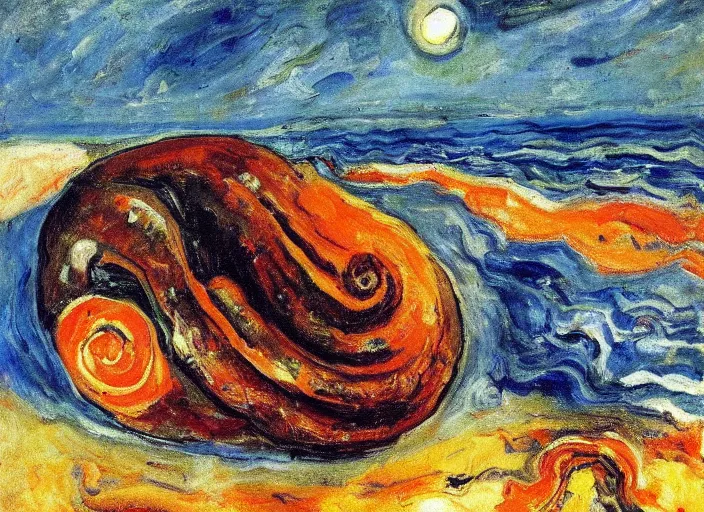 Image similar to a snail on the beach under the moon, by chaim soutine