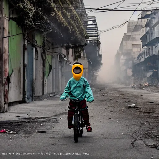 Image similar to a photo of a boy wearing a hazmat suit, riding a bike, side-view, smoke in the background, filthy streets, broken cars. Vines growing. Jpeg artifacts. Full-color photo. Color color color color color. Award-winning photo. Samyang/Rokinon Xeen 50mm T1.5