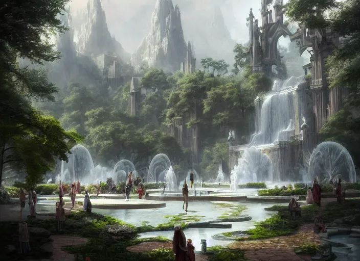 Image similar to A hot spring in a beautiful elven city made of white marble, anime, lush trees, fountain, a fantasy digital painting by Greg Rutkowski and James Gurney, trending on Artstation, highly detailed