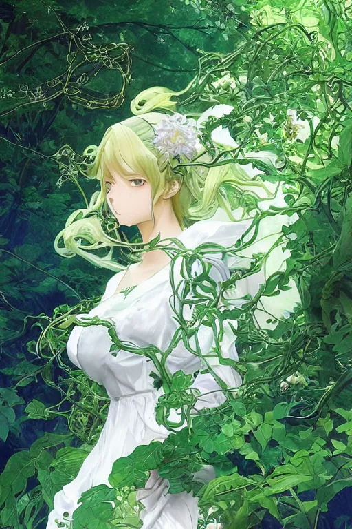 Prompt: anime key visual of a beautiful young female cat lady!! in white silk clothing covered in vibrant green vines, intricate, magical forest, stunning, highly detailed, digital painting, artstation, smooth, hard focus, illustration, art by artgerm and greg rutkowski and alphonse mucha