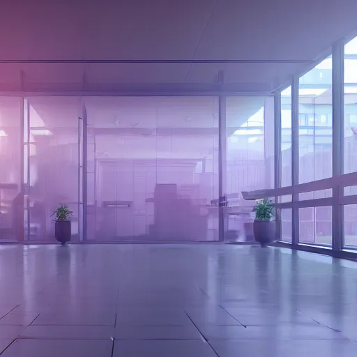 Image similar to sprawling office floor with cubicles,, in faded pink, morning fog, blue hour, archviz, cgi, trending on artstation, corona renderer, unreal engine, ray tracing, 3 ds max, cinematic, city in the background