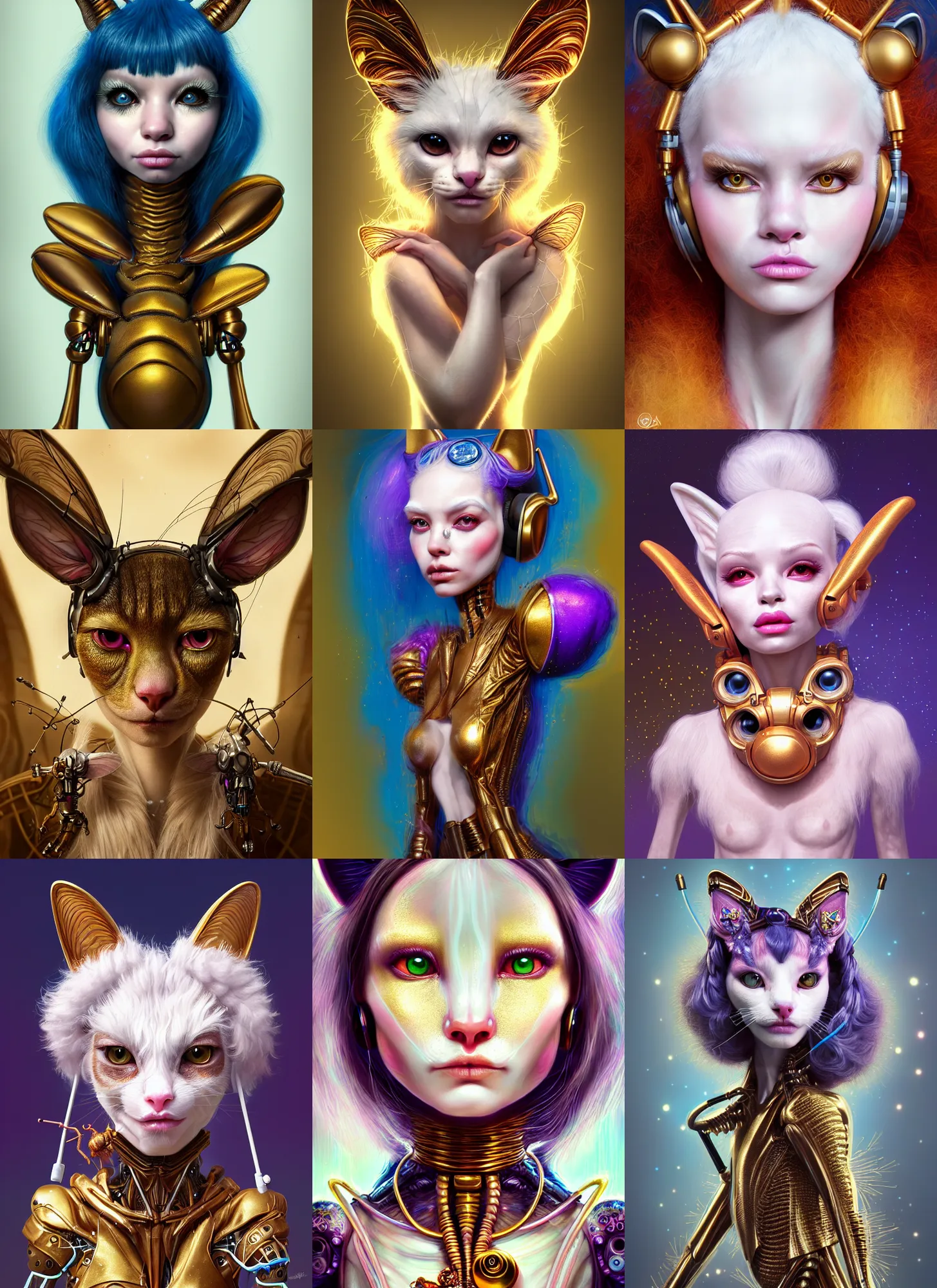 Prompt: disney weta portrait, soft lustrous biotech raver white clowncore wasp cat cyborg, earbuds, golden ratio, sci - fi, fantasy, cyberpunk, intricate, decadent, highly detailed, digital painting, ever after high, octane render, artstation, concept art, smooth, sharp focus, illustration, art by artgerm, loish, wlop