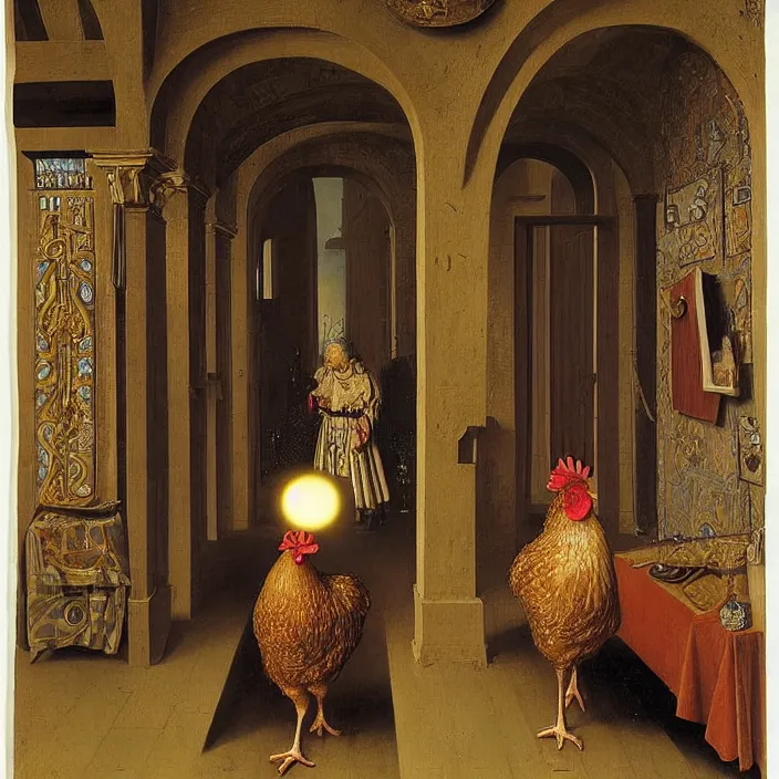 Image similar to a chicken in a hall with a glowing orb at the end, glowing orb door, by jan van eyck