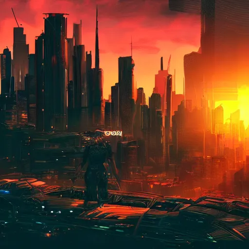 Image similar to Cyberpunk fantasy world with beautiful sunset