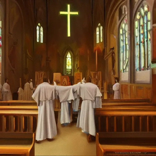 Image similar to a cult inside a church praying, oil painting, pale colors, high detail, 8 k, wide angle, trending on artstation,