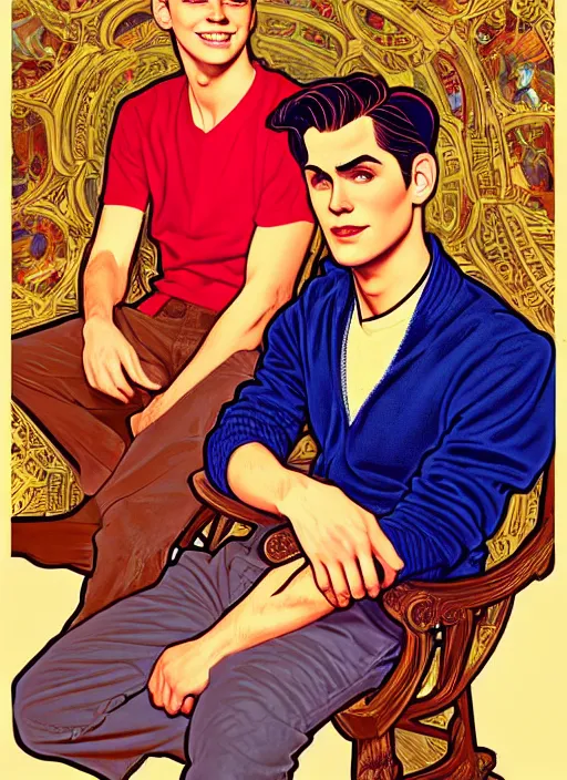 Prompt: oil portrait of archie andrews and jughead jones, intricate, elegant, highly detailed, lighting, painting, artstation, smooth, illustration, art by greg rutowski and alphonse mucha