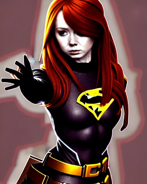 Image similar to Karen Gillan Batgirl, redhead, full body Batgirl ripped costume with cape, no mask, bruised and bloody face, symmetrical face symmetrical eyes, fight pose, dark alleyway, illustration, artstation, cinematic lighting, hyperdetailed, cgsociety, 8k, high resolution, Charlie Bowater, Tom Bagshaw, Norman Rockwell, insanely detailed and intricate