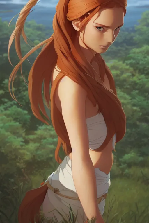 Image similar to long ginger hair, tanned woman in a prehistoric outfit, by artgerm, hair tied in a ponytail, white background, by studio muti, greg rutkowski makoto shinkai takashi takeuchi studio ghibli