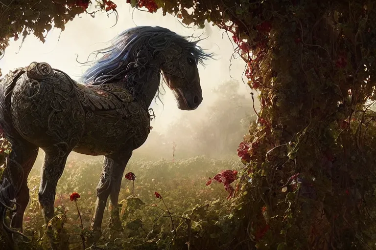 Image similar to a stunning horse with a mane of vines and flowers by greg rutkowski, high key lighting, volumetric light, digital art, highly detailed, fine detail, intricate, ornate, complex, octane render, unreal engine, photorealistic