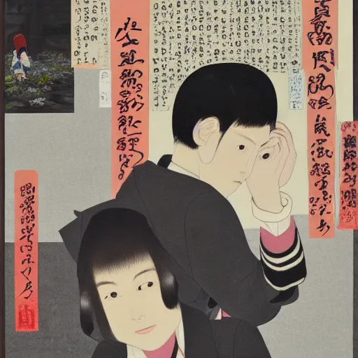 Image similar to a tadami yamada painting during the time he was desperately seeking female affection