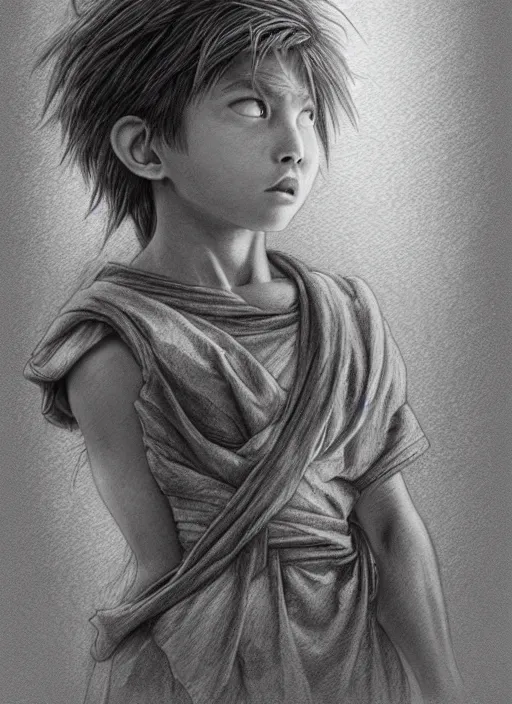 Image similar to realistic portrait pencil sketch of kid goku, old mystic ruins, afternoon, intricate, elegant, highly detailed, digital painting, sharp, focus, by artgerm and greg rutkowski