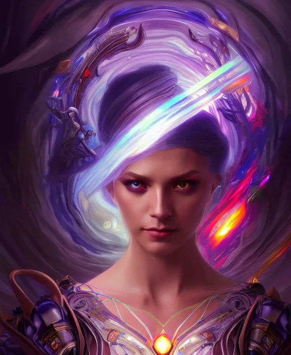 Image similar to a whirlwind of souls rushing inside the metaverse, half body, glowin eyes, tiara with sapphire, pharaoh, android, cyberpunk, d & d, fantasy, intricate, elegant, highly detailed, colorful, vivid color, digital painting, artstation, concept art, art by artgerm and greg rutkowski and alphonse mucha and ruan jia